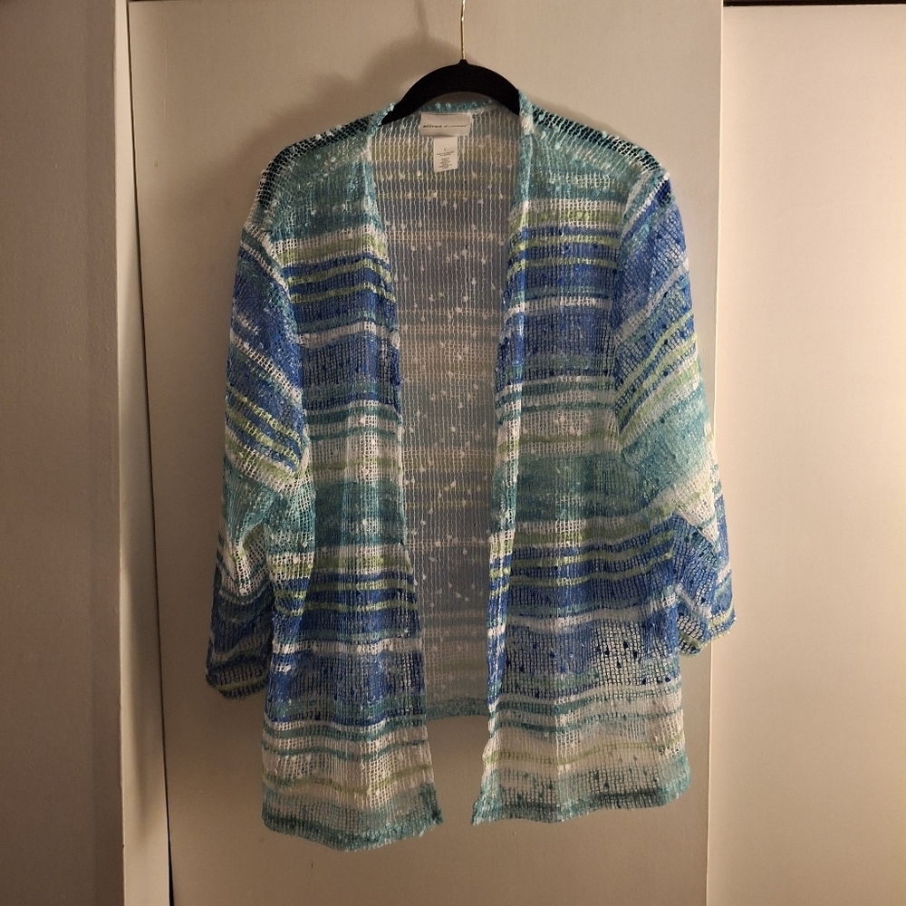 Alfred Dunner Blue and Green Striped Open Front Cover Up